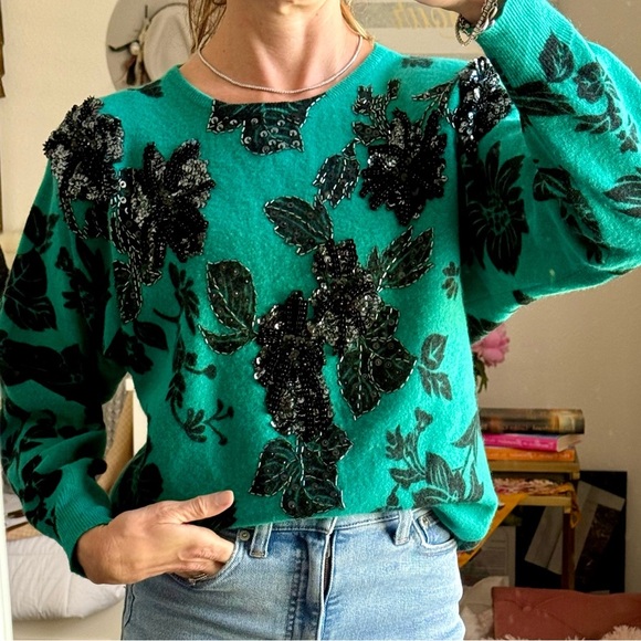 Sweaters - Vintage P.A. International Beaded Emerald & Black Floral Sequin Sweater Size S